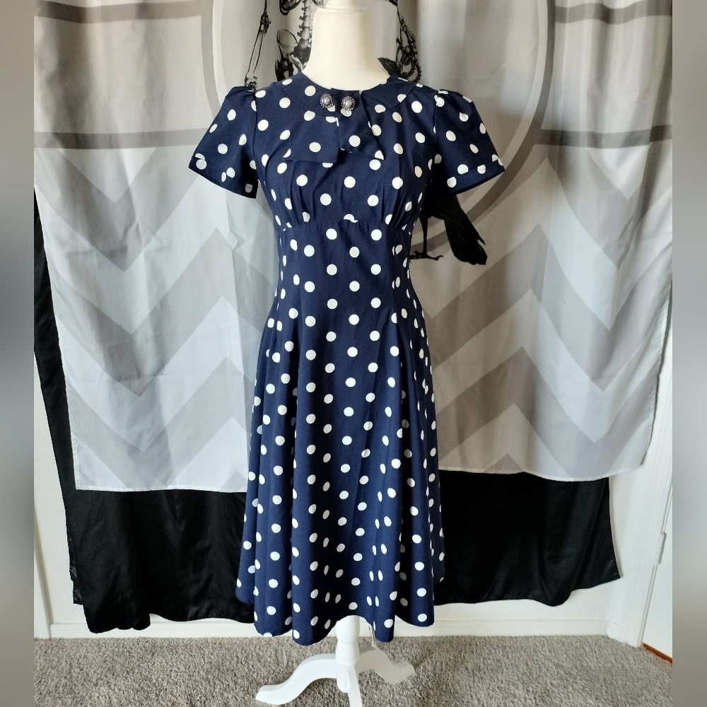 Hell Bunny Navy Blue Polka Dot Midi Dress